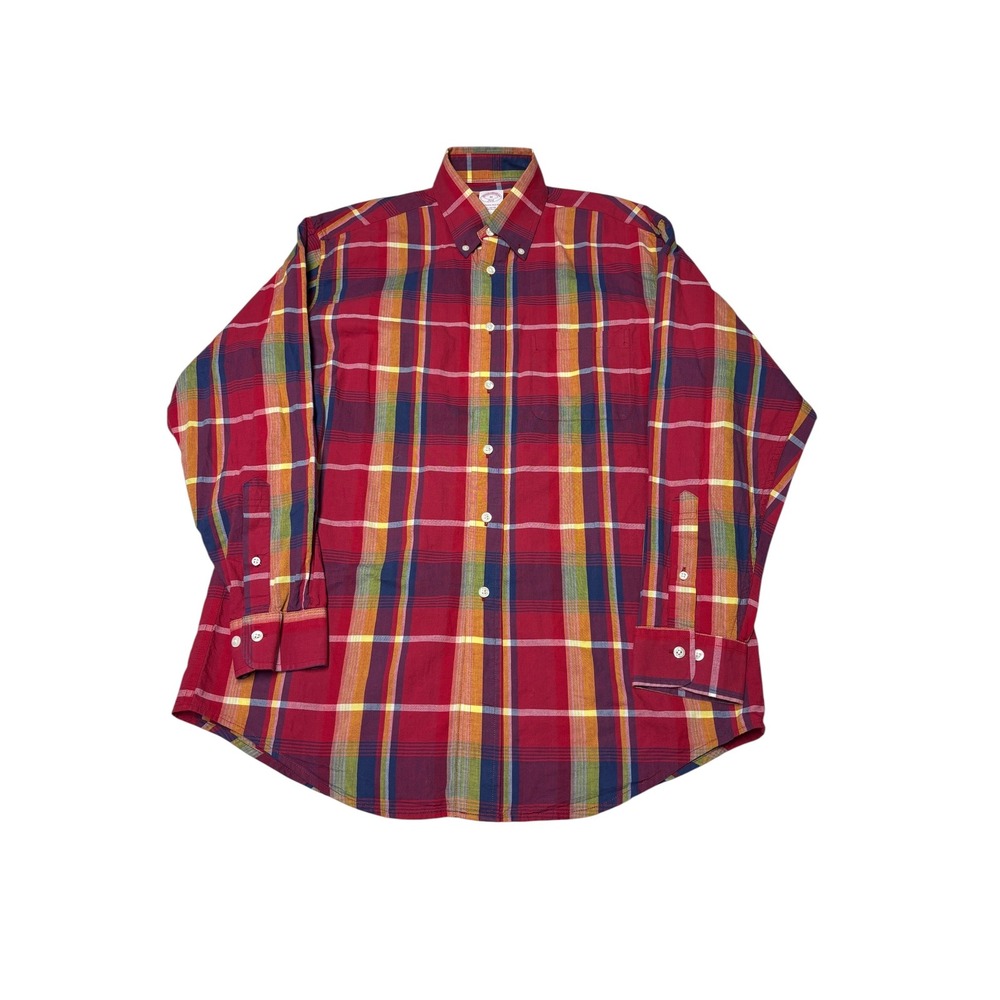 Brooks Brothers 346 Mens Medium Red Multi Color Plaid Cotton Button Down Shirt